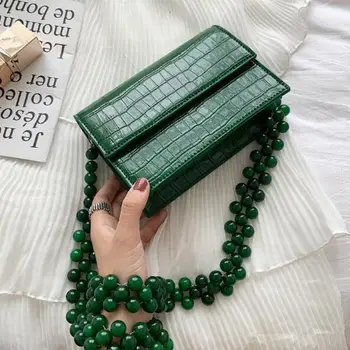 

Beads Chain Crocodile Pattern Shoulder Bag Women New Korean Green Stone Pattern Messenger Bag Fashion Small Square Bag Ladies