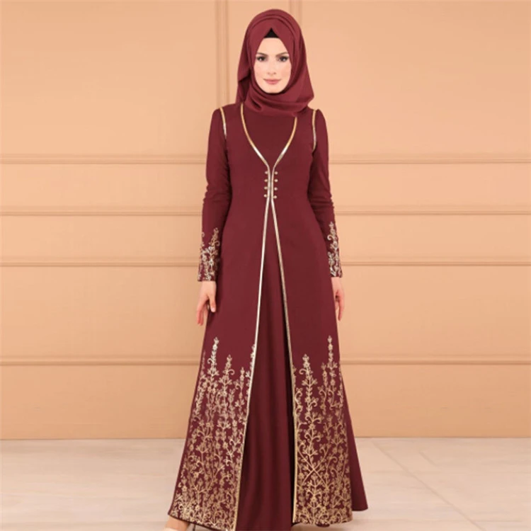 

Large size Muslim Folk Abaya Fashion Maxi Dress Long Sleeve Hot Stamping Printing Button Strap Elegant Two-piece set Dresses 5XL