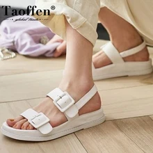 Taoffen Women Real Leather Sandals Designer Metal Buckles Shoes Women Flat Heels Solid Color Casual Lady Footwear Size 34-40