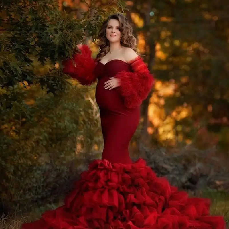 

Dark Red Maternity Dresses for Photography Tiered Ruffles Off The Shoulder Mermaid Prom Gowns Photo Shoot Pregnant Women Dress