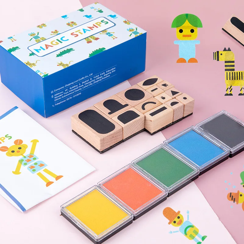 DIY Wooden Stamp Toy Kids Drawing Inkpad Puzzles Game Set Fine Motor Training Montessori Educational Creative Toys For Baby Gift | Игрушки и