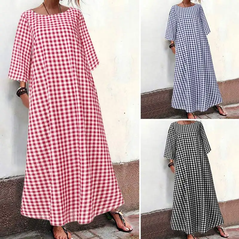 Женское богемное платье, лето, с расклешенными рукавами, винтажное платье-рубашка в шотландскую клетку, повседневные, свободные, вечерние, длинные, макси платья, большие размеры