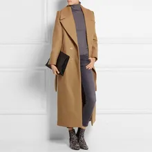 高品質の女性のウールコート 2020 新ファッションソリッドスリムフィットロングカジュアルサッシダブルブレストポケット生き抜く女性(China)