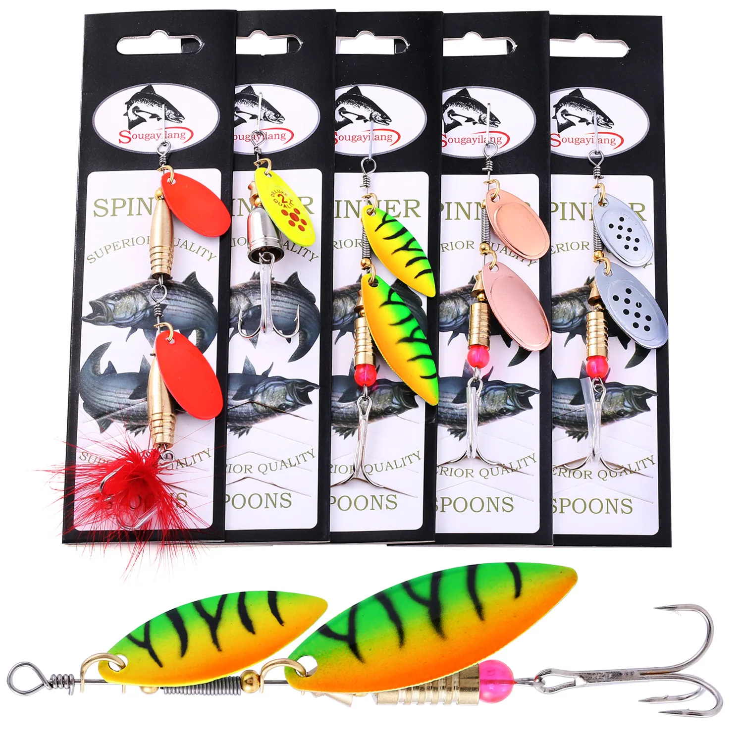 Sougayilang 5Pcs Metal Spinner Baits Fishing Lure with Rooster Tail Hook Carp Fishing Tackle Life-like Fishing Hook - Цвет: J021