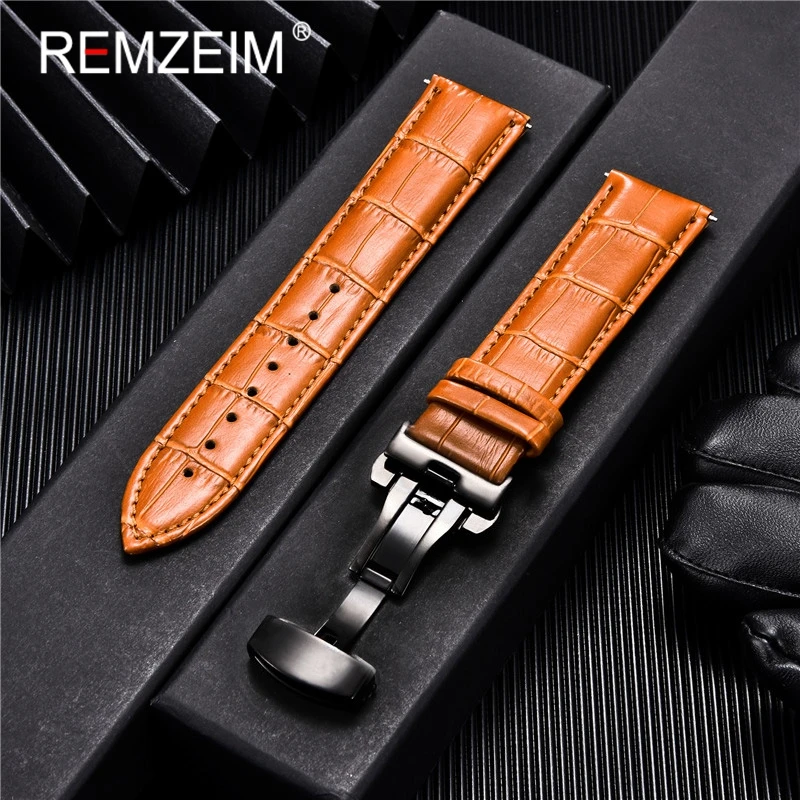 Embossed Genuine Leather Strap with Automatic Butterfly Buckle - Business Watchband