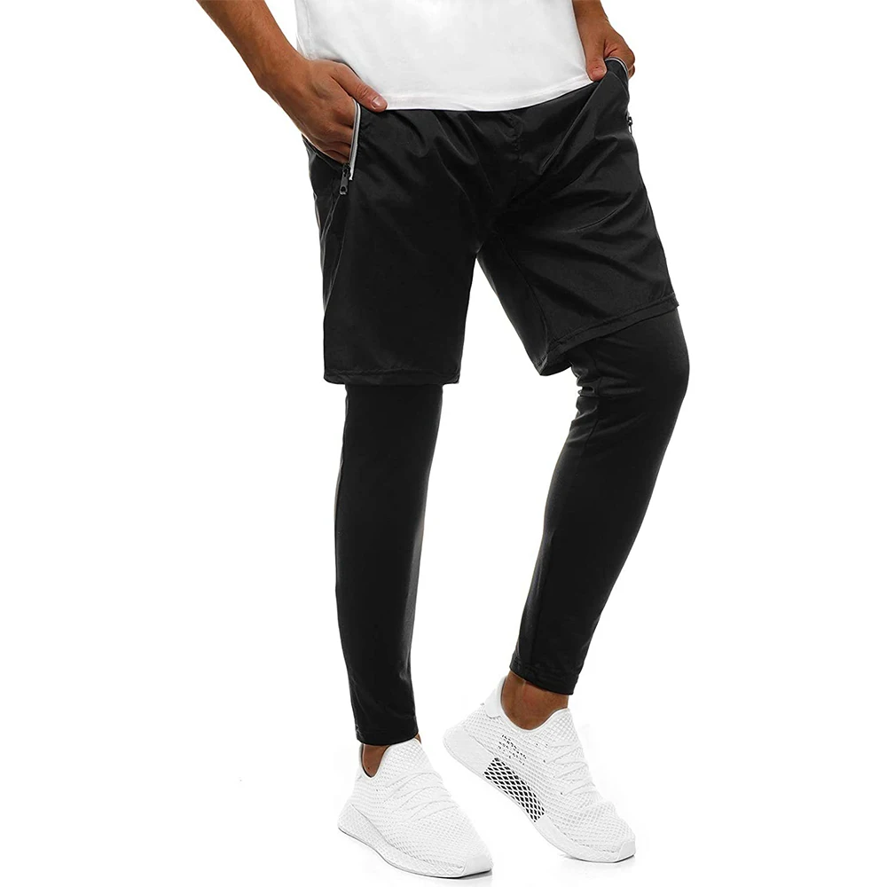 

Summer Men Leisure Double-layer Elastic Fitness Trousers Pocket Zipper Joggers Sweatpants Trousers Fake Two-piece Trousers D30