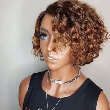 

Short Bob Natural Highlight Color Curly Human Hair Wigs Summer Style 150Density 13x6 Lace Front Brazilian Hair Wigs Preplucked