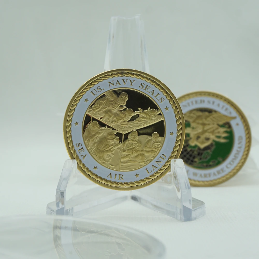 2PCS Gold Plated Souvenir USA Sea Land Air Of Seal Team Challenge Coins Department Of The Navy Military Coin