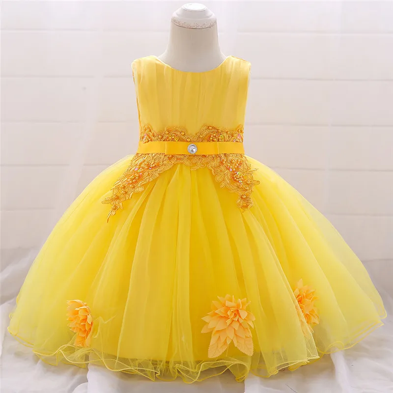 Платье принцессы с жемчужинами для маленьких девочек Детская желтая кружевная юбка-пачка платье для новорожденного одежда для свадебной вечеринки, дня рождения, BW082