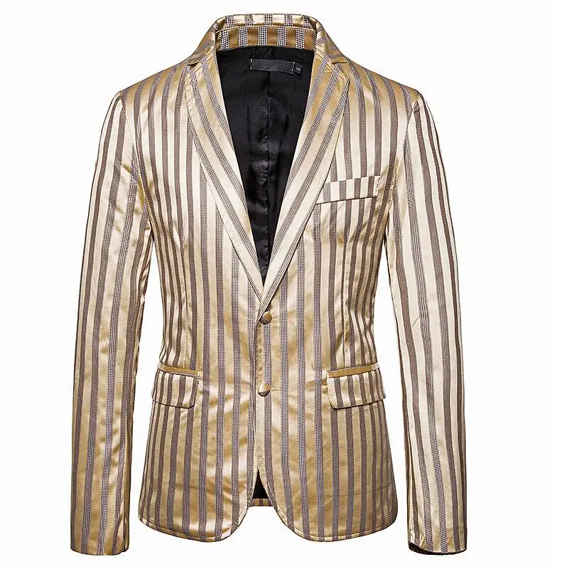 Золотые Осенние костюмы мужские блейзеры masculino slim fit casaco jaqueta masculina цветные полосатые пальто с двумя пряжками мужская куртка - Цвет: Золотой