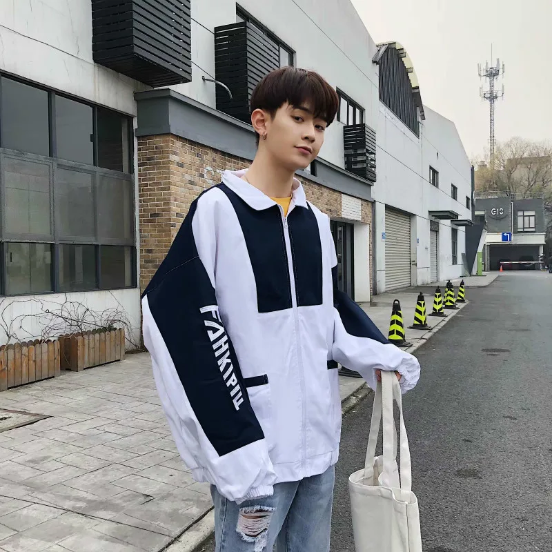 

2020 Thin Jacket Male Tide Brand Spelling Color Work Clothes Loose Coat Student windbreaker Street Trend Hip-hop Japan Style