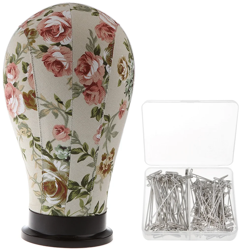 22 inch Mannequin Model Cork Canvas Block Head Stand with 150x 38mm 51mm T Needle Pins for Wigs Making Set
