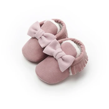 

2020 Brand New Infant Toddler Newborn Baby Girl Boy Fringe Shoes Winter Warm Furry Leather Bowknot Solid Crib First Walker 0-18M