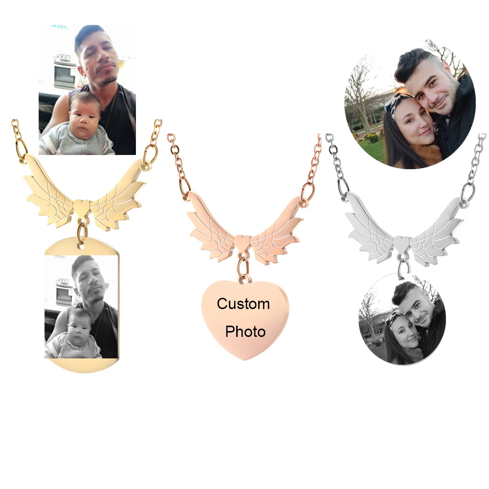 Customized Photo Text Necklace Choker Angel Wing Stainless Steel Charms Pendant Personalized For Family Lovers Valentines Gifts