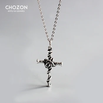 

Vintage Do Old Rose Cross Pendant Necklace S925 Sterling Silver Personality Trend Female Collarbone Chain