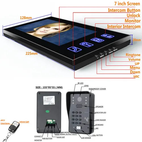 무선 원격 액세스 제어 시스템, 7 인치 비디오 도어 폰 인터콤 초인종, RFID 암호 IR-CUT 1000TV 라인 카메라 4