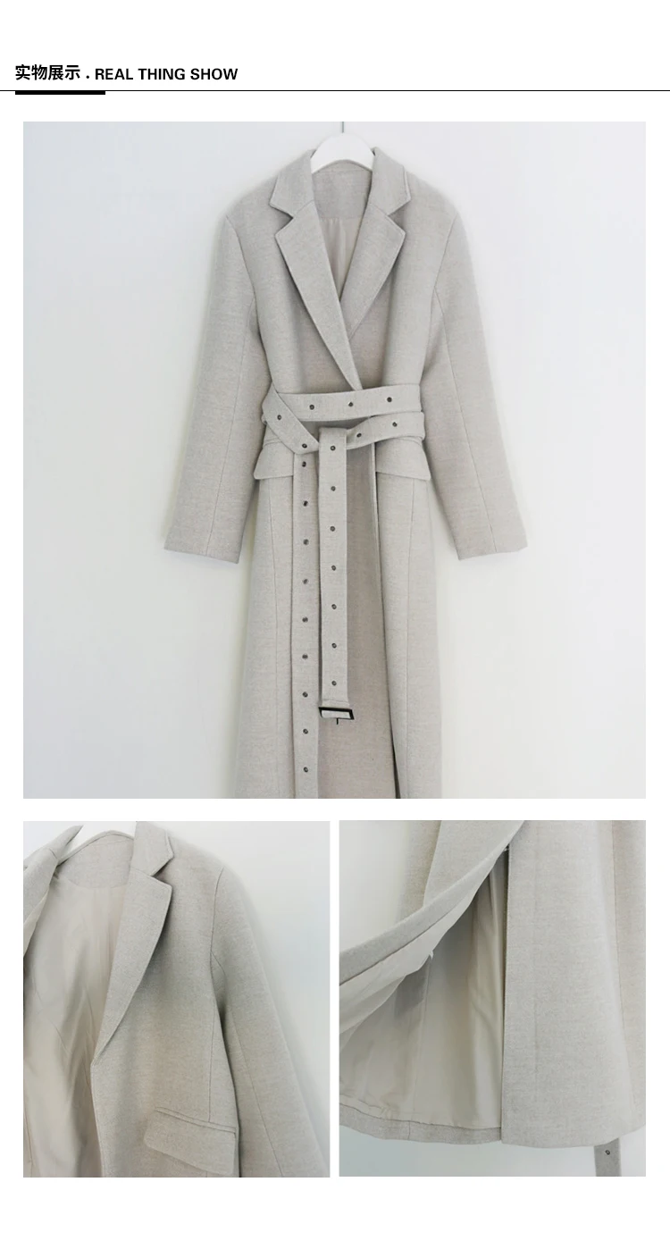 qulity High Woman Coats Winter Wool Long Coat With belt Office Lady Fashion lace Up Coats Outerwear