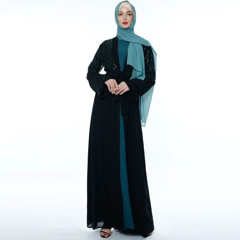 latest Dubai long-sleeved dress Muslim party Abaya ladies Arabian lace cardigan patchwork Turkish Islamic prayer gown robe - Цвет: as  picture