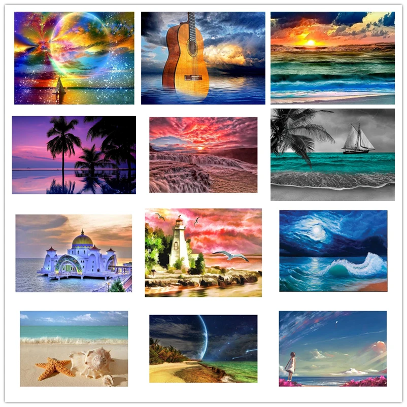 Diamond Painting Full Drill Square Landscape 5D DIY Embroidery Seaside Sunset Picture Of Rhinestone Sunrise Moon Scenic | Дом и сад