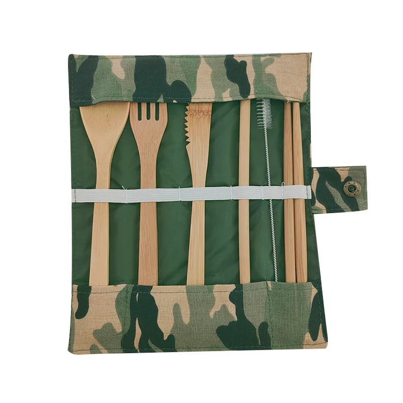 camouflage Прямая поставка, набор деревянных столовых приборов из бамбуковой соломы, набор из 7 предметов с тканевой сумкой, ножи, вилка, ложка, палочки для еды, для путешествий - Цвет: camouflage