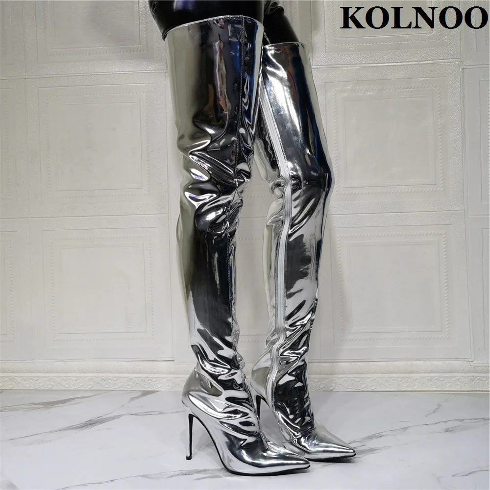 

Kolnoo Handmade New Real Photos Ladies Over Knee Boots Silver Faux Leather Pointed-Toe Party Thigh-High Boots Fashion Prom Shoes