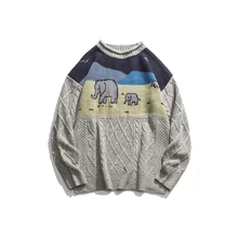 Японский Харадзюку кабель вязать слон Графический свитер для мужчин и женщин унисекс вязаный уютный слон пуловер Джемпер плюс размер