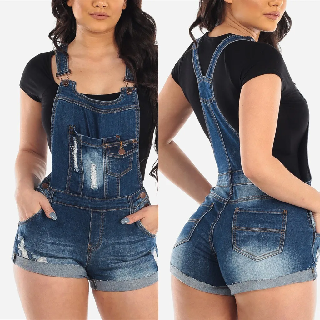 Vaquero corto de agujero de la mujer corto mono cintura alta jeans casual vestido lavado Salopette correas 2020 verano jeans mameluco
