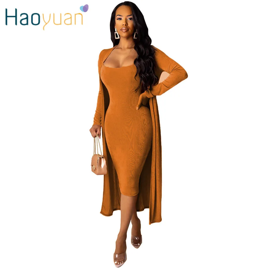 

HAOYUAN Sexy Two Piece Dress Set Velvet Women Clothing Long Cardigan and Spaghetti Strap Dress Fall 2019 Streetwear Matching Set