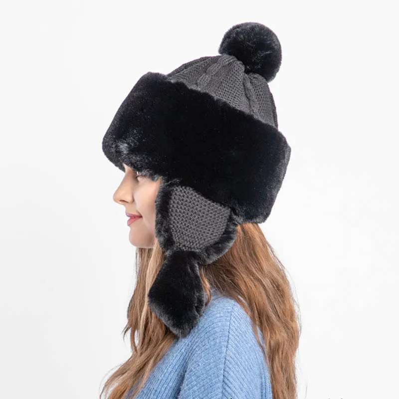 Fibonacci New Women's Bomber Hat Knit Plush Faux Fur Hats Winter Windproof Warm Ear Protect Bomber Russian Ushanka Cap