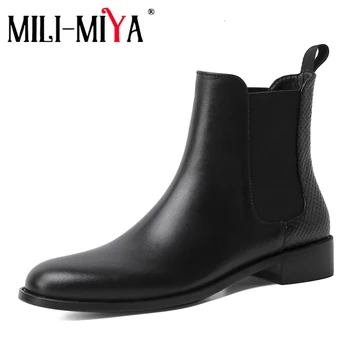 

MILI-MIYA Casual Women Cow Leather Ankle Boots Round Toe Square Heels Slip On Solid Color Motorcycle Shoes For Ladies Size 34-40