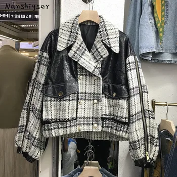 

Autumn New Weave Tweed Lattice Splicing Faux PU Leather Short Outwear Loose Big Pocket Zipper Double Breasted Women Biker Jacket