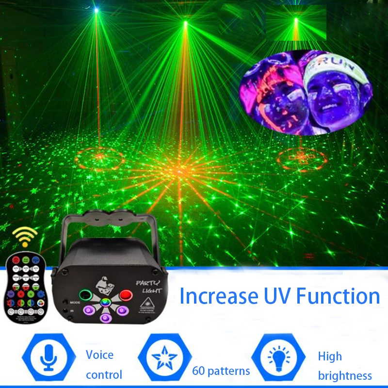 

60Patterns UV Laser Light 6-hole Stage Light USB Recharge Wireless Control Party DJ Effect Light for Home Holiday Christmas Gift