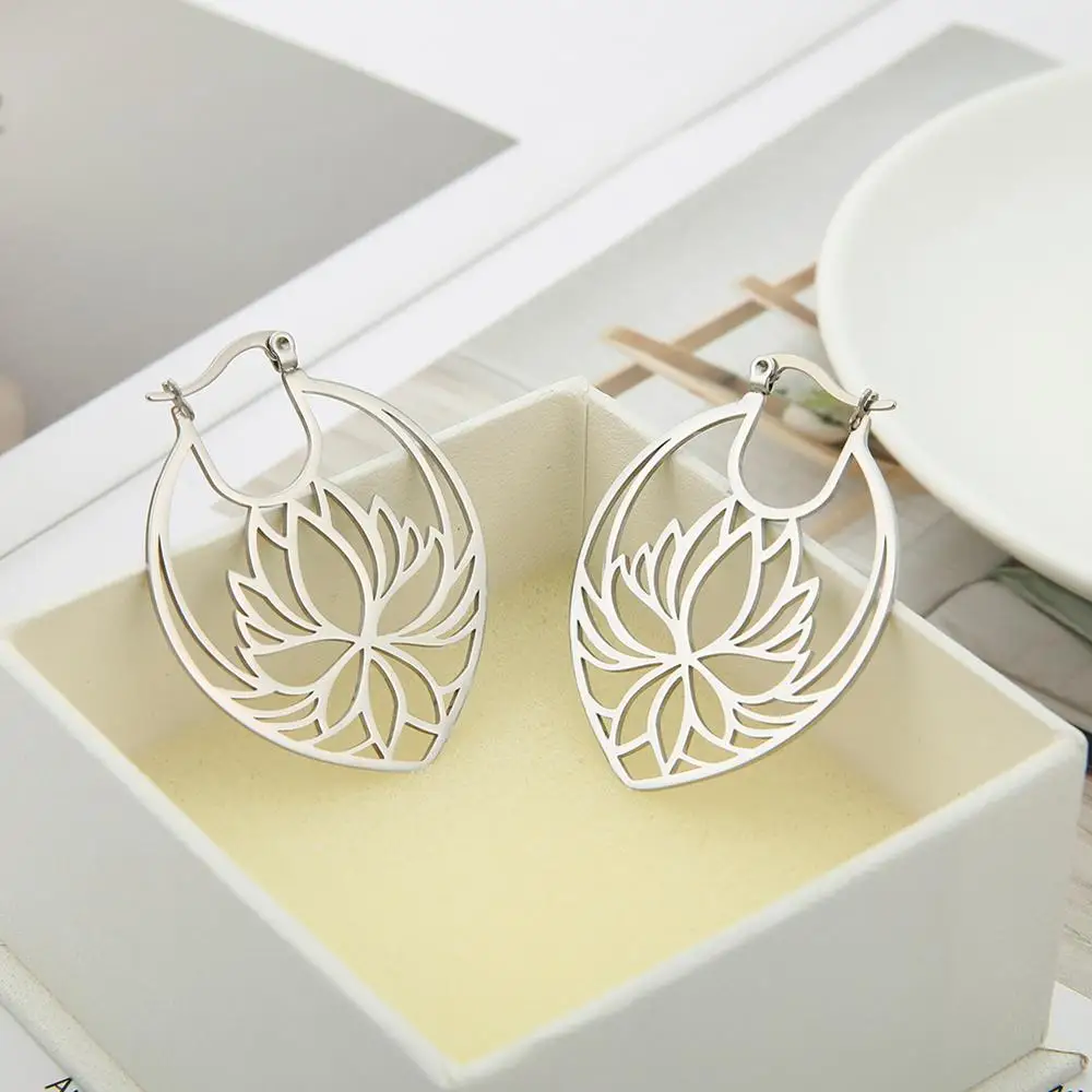 Skyrim Fashion Flower Lotus Hoop Earrings Stainless Steel Gold Color Boho Big Drop Earring Jewelry Gift for Women Female 2021 - Image 5