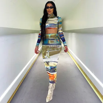 

NORMOV O-Neck Print Sexy Two Piece Set Women Long Sleeve Slim Bodycon Two Piece Skir Set Female Casual High Waist Mid-Calf Suit