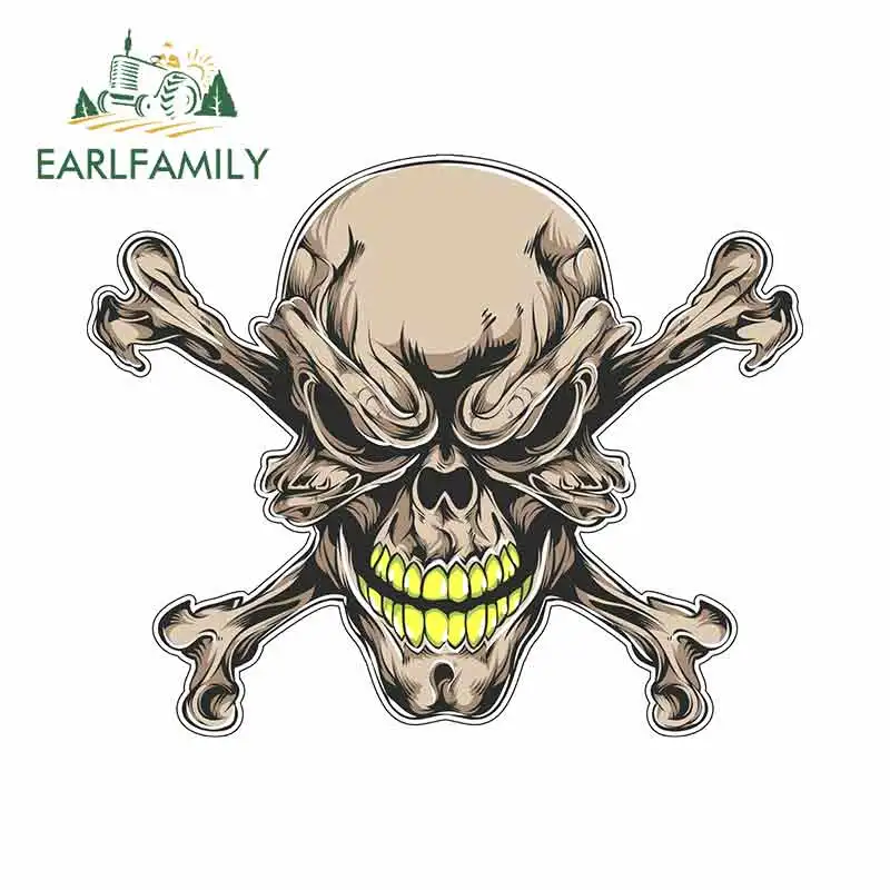 

EARLFAMILY 13cm x 10.6cm for Skull Gold Teeth Scary Cross Bones Funny Car Stickers Vinyl Sunscreen RV VAN Fine Decal JDM