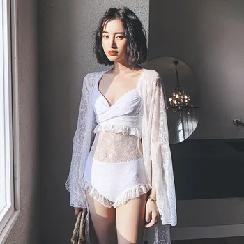 

One Piece Bathing Suit Whole Swimsuit Swimwear Women Large Size One-Piece For Full Style Korean Ins Long Sleeve Split Hot Thin