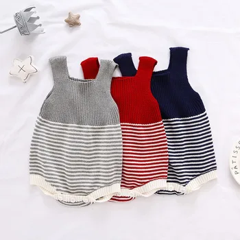 

ins Baby Toddler Striped Knitted Sling Rompers Red Blue Gray Color Autumn Spring Lovely Child Knitted Sweater Rompers