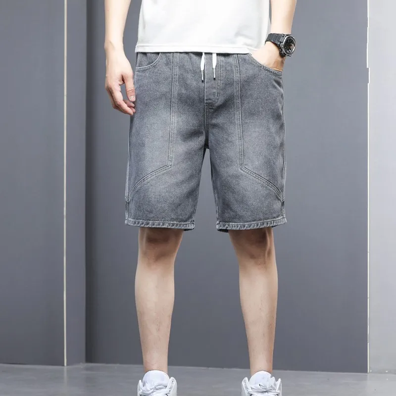 New Summer Korean Straight Loose Denim Shorts Mens Stretch Pockets Elastic Waist Adjustable Waist Large Size Knee Length Shorts casual shorts for men