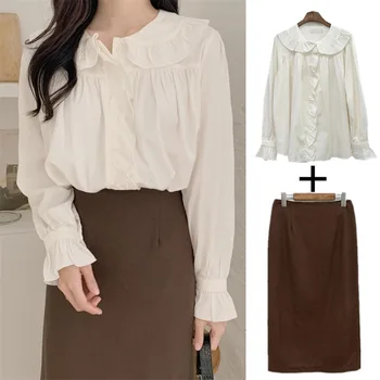 

2020 Korean Autumn New Two Piece Set Ruffled Shirt Mid Length Skirt Fashion Womens Clothing Matching Sets