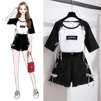 

Campus Suits Leisure Tie T-shirts Cowboy Jean Super Shorts Casual Youth Girl Clothing Sets Print Loose Two-piece Pullover Letter