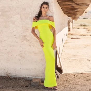 

Maxi Bandage Dress Elegant Yellow Off Shoulder Slack Neck Bodycon Celebrity Party Dress Autumn Dresses Vestidos