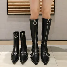 Осенние ковбойские сапоги; женские ковбойские сапоги до колена; модная обувь на молнии с острым носком и пряжкой; женская обувь на высоком толстом каблуке