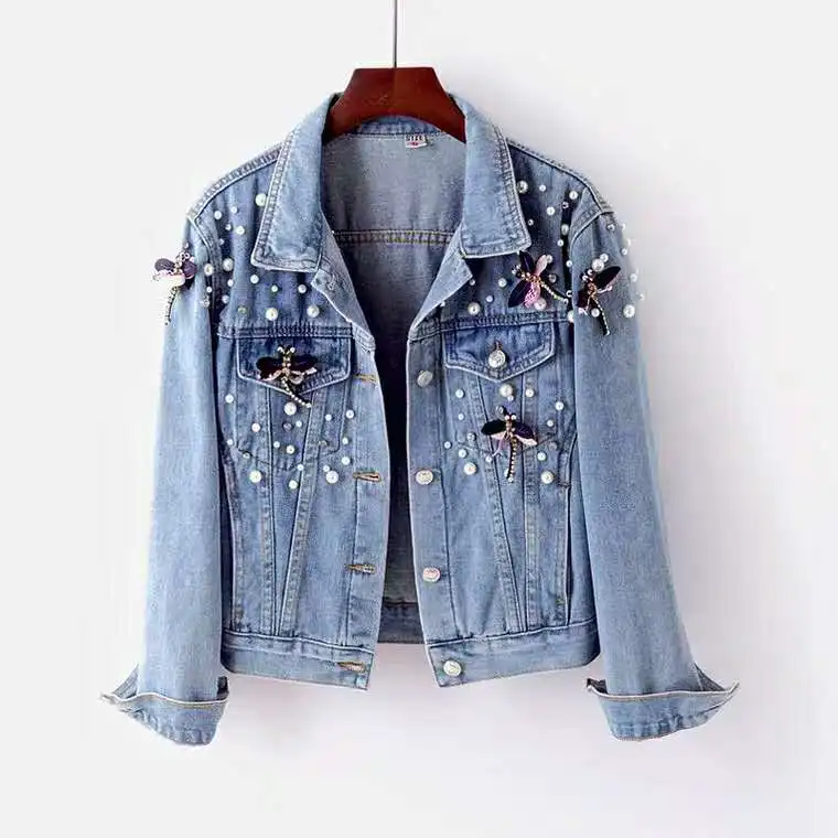 Autumn Denim Coat Women Turn-down Collar Single Breasted Plus Size Slim Coats Fashion Beading Vintage Jeans Jacket Female