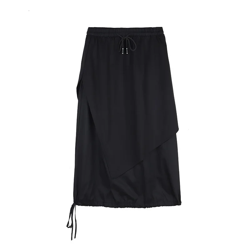 [EAM] высокая эластичная резинка на талии, черный шнурок Разделение совместных темперамент полуплатье Для женщин мода Демисезонный 1D732 - Цвет: black