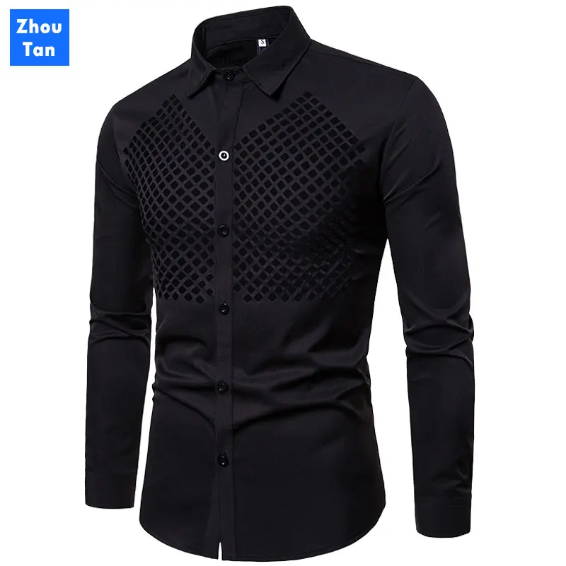 

2020 Men New Fashion Spring and Autumn Solid Color Cotton Long Sleeve Hollow Casual Shirt Dress Shirts Large Size Clothes