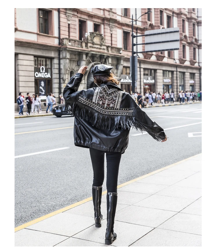 Autumn Winter Embroidery Leather Jacket for Women Tassel Punk Moto Coats Faux Jacket jaquetas couro handsome Jackets SA469S30