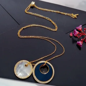 

Baoyocn Luxury Brand Solid 925 Sterling Silver Round Navy Enamel and White Nacre Two Pendants Necklace Women Fashion New Jewelry