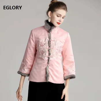

2019 Autumn Winter Parka Jacket High Quality Women Exquisite Embroidery Rabbit Hair Patchwork Vintage Blue Pink Tops Coat Female