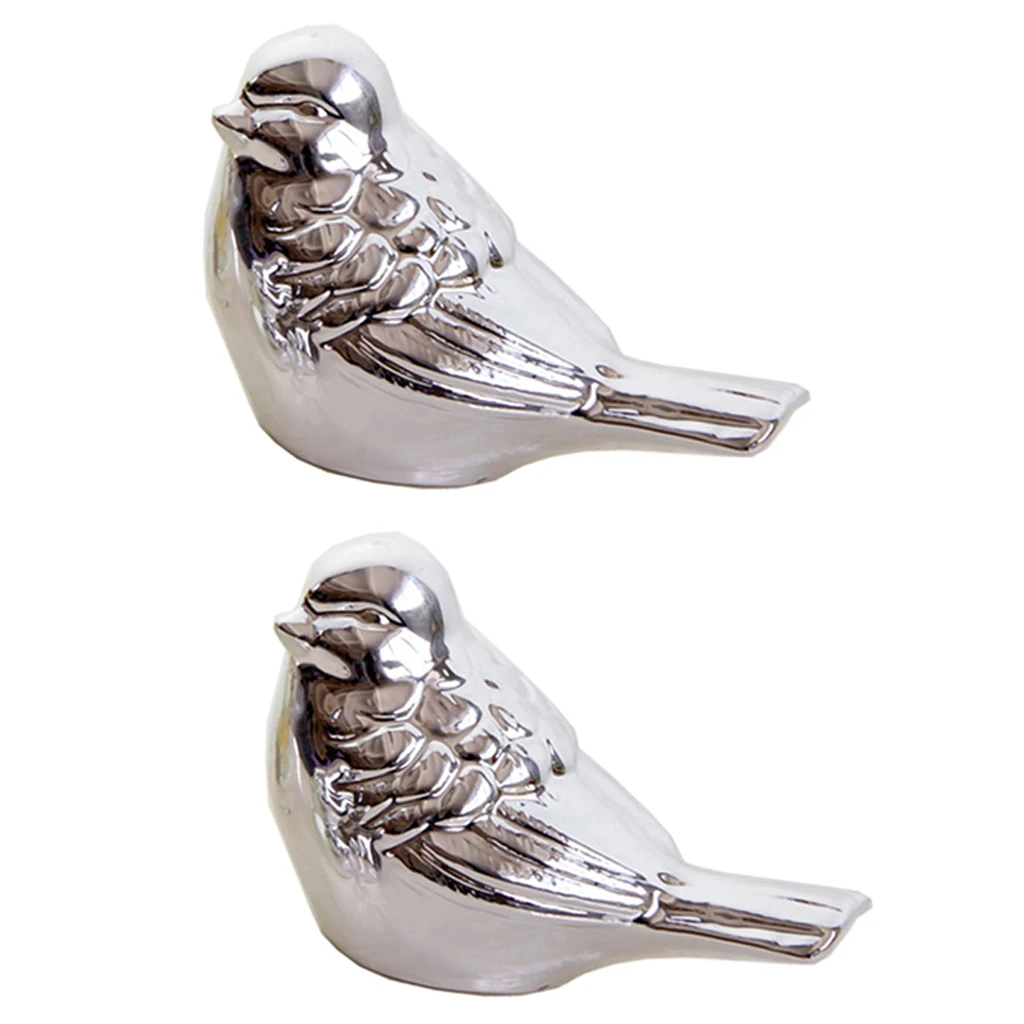 2pcs 7.5x4.5x5cm Silver Glazed Ceramic Bird Shaped Ornament Statue Figurine for Home Room Decor Cafe Office Shop Ornament