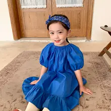 

Blue Short Sleeve Cotton Kids Dresses Teenage Girl Dress Children Clothing Spring Summer Wedding Party Dress High Quality